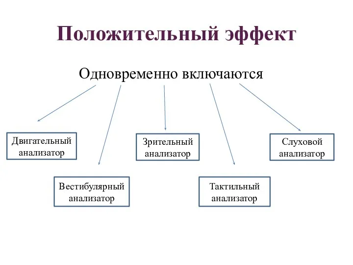 Положительный эффект Одновременно включаются Двигательный анализатор Вестибулярный анализатор Зрительный анализатор Слуховой анализатор Тактильный анализатор