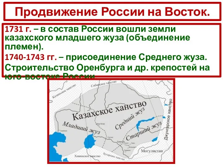 Продвижение России на Восток. 1731 г. – в состав России вошли земли