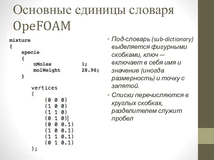 Основные единицы словаря OpeFOAM Под-словарь (sub-dictionary) выделяется фигурными скобками, ключ — включает