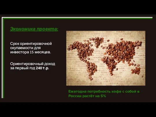 Экономика проекта: Срок ориентировочной окупаемости для инвестора 15 месяцев. Ориентировочный доход за