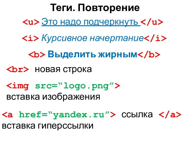 Теги. Повторение Это надо подчеркнуть Курсивное начертание Выделить жирным новая строка вставка изображения ссылка вставка гиперссылки