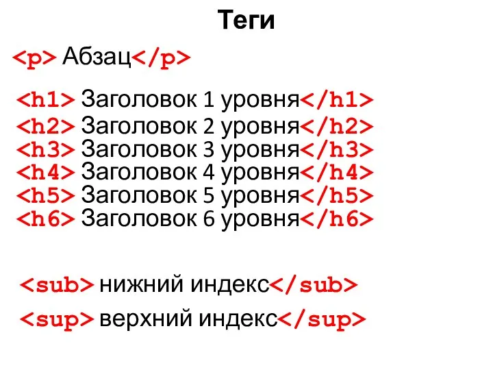 Теги Абзац Заголовок 1 уровня Заголовок 2 уровня Заголовок 3 уровня Заголовок