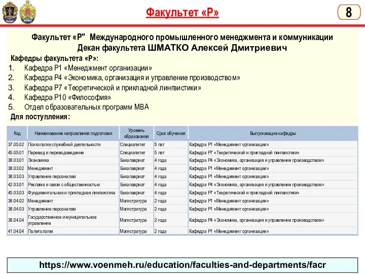 Факультет «Р» 8 Факультет «Р" Международного промышленного менеджмента и коммуникации Декан факультета