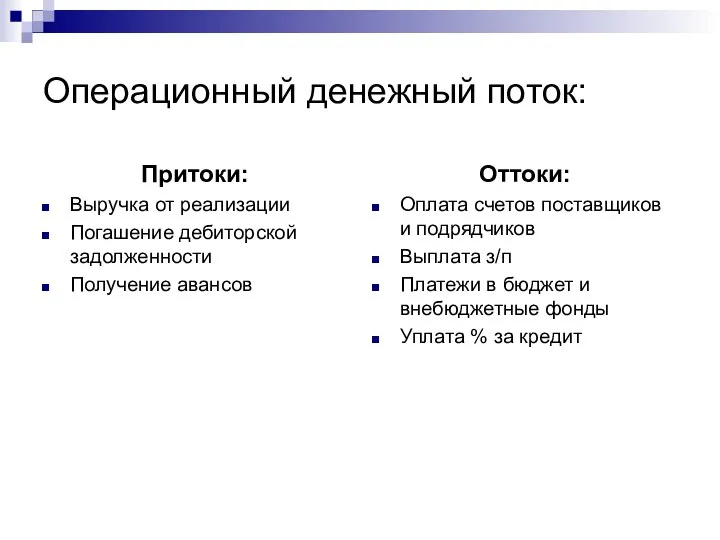 Операционный денежный поток: Притоки: Выручка от реализации Погашение дебиторской задолженности Получение авансов