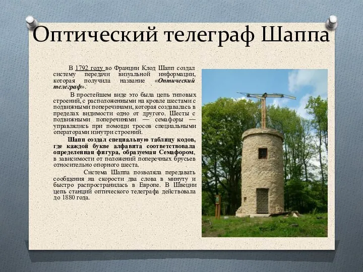 Оптический телеграф Шаппа В 1792 году во Франции Клод Шапп создал систему