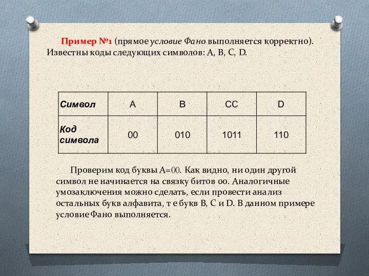 Пример №1 (прямое условие Фано выполняется корректно). Известны коды следующих символов: A,