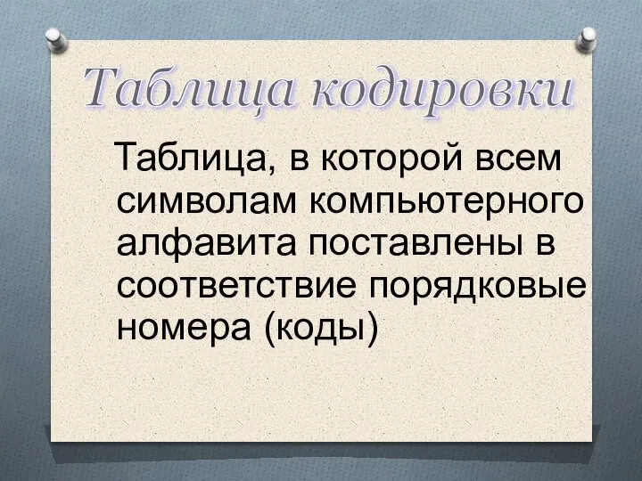 Таблица, в которой всем символам компьютерного алфавита поставлены в соответствие порядковые номера (коды) Таблица кодировки