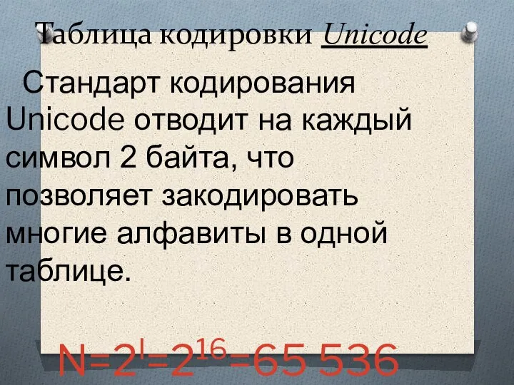 Таблица кодировки Unicode Стандарт кодирования Unicode отводит на каждый символ 2 байта,