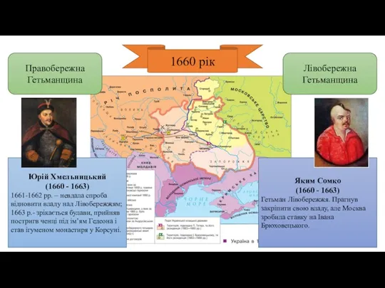 1660 рік Правобережна Гетьманщина Лівобережна Гетьманщина Юрій Хмельницький (1660 - 1663) 1661-1662