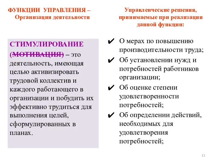 ФУНКЦИИ УПРАВЛЕНИЯ – Организация деятельности СТИМУЛИРОВАНИЕ (МОТИВАЦИЯ) – это деятельность, имеющая целью