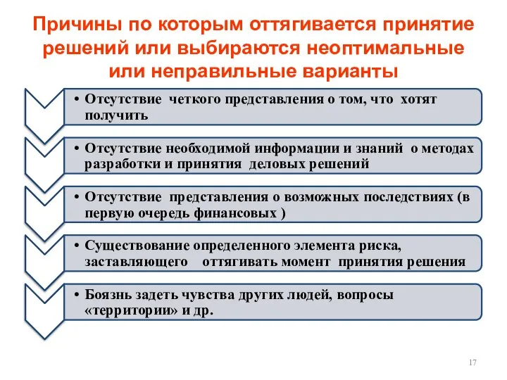 Причины по которым оттягивается принятие решений или выбираются неоптимальные или неправильные варианты