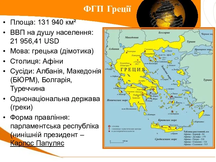 ФГП Греції Площа: 131 940 км² ВВП на душу населення: 21 956,41