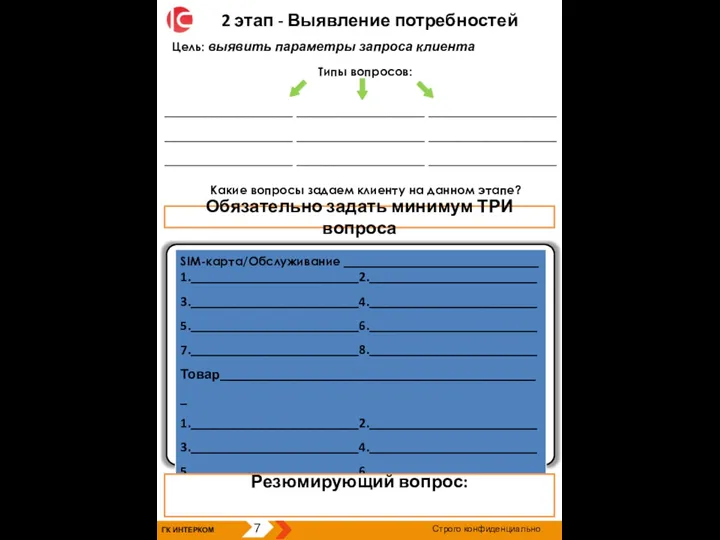 ГК ИНТЕРКОМ 7 Строго конфиденциально 2 этап - Выявление потребностей Цель: выявить