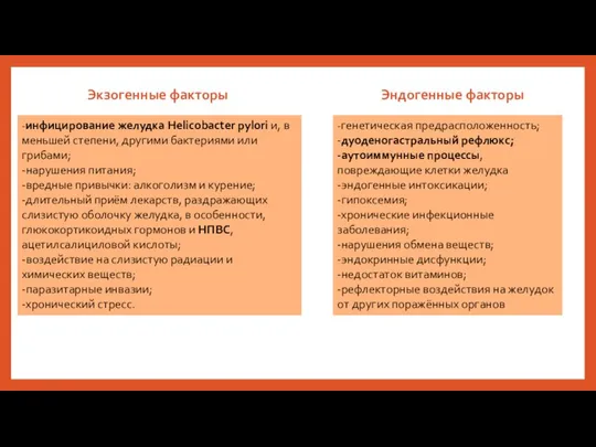 Экзогенные факторы -инфицирование желудка Helicobacter pylori и, в меньшей степени, другими бактериями