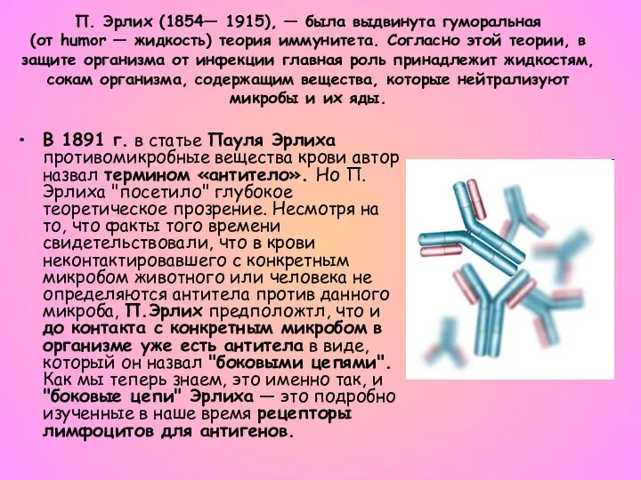 В 1891 г. в статье Пауля Эрлиха противомикробные вещества крови автор назвал