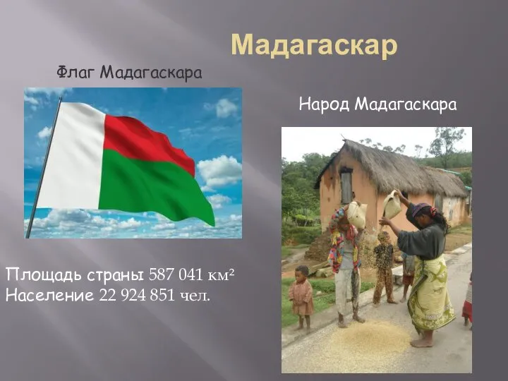 Мадагаскар Флаг Мадагаскара Народ Мадагаскара Площадь страны 587 041 км² Население 22 924 851 чел.