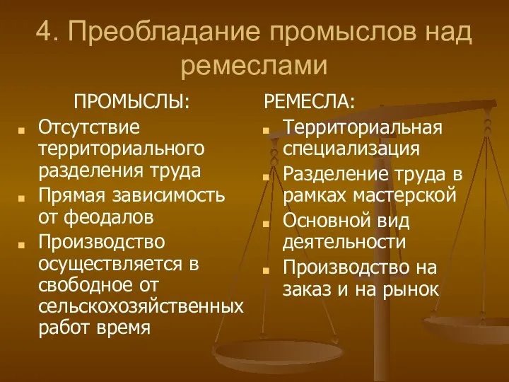 4. Преобладание промыслов над ремеслами ПРОМЫСЛЫ: Отсутствие территориального разделения труда Прямая зависимость