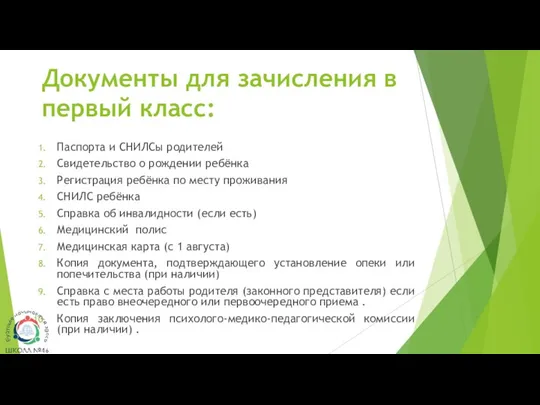 Документы для зачисления в первый класс: Паспорта и СНИЛСы родителей Свидетельство о