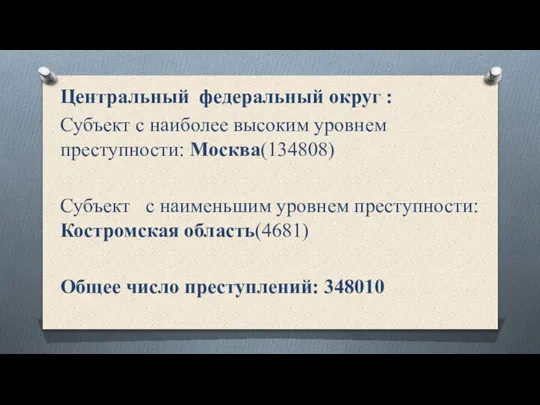 Центральный федеральный округ : Субъект с наиболее высоким уровнем преступности: Москва(134808) Субъект