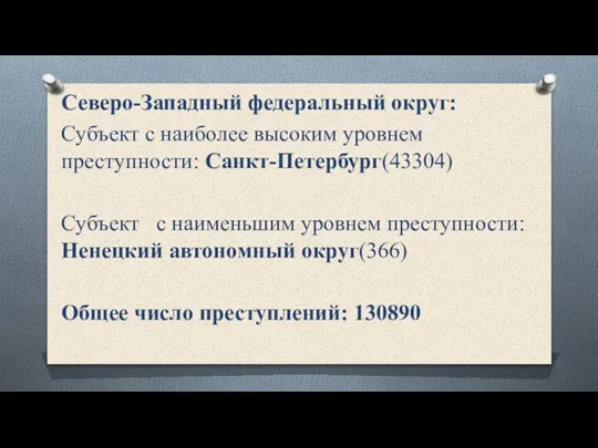 Северо-Западный федеральный округ: Субъект с наиболее высоким уровнем преступности: Санкт-Петербург(43304) Субъект с