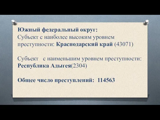 Южный федеральный округ: Субъект с наиболее высоким уровнем преступности: Краснодарский край (43071)