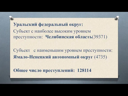 Уральский федеральный округ: Субъект с наиболее высоким уровнем преступности: Челябинская область(39371) Субъект