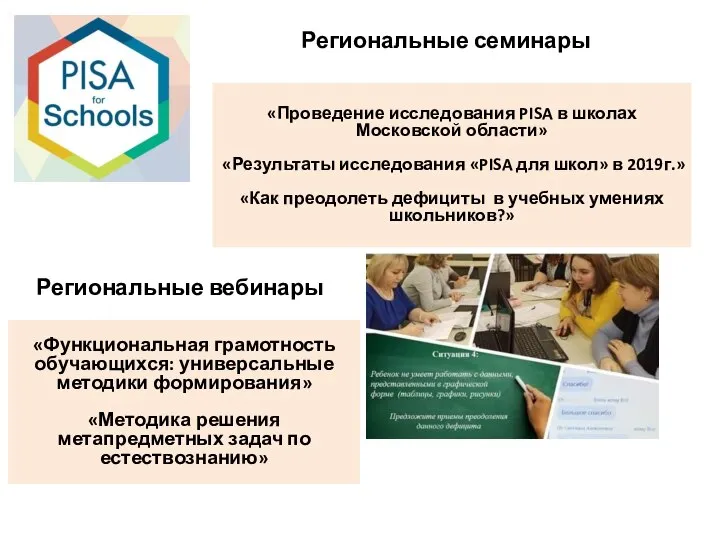 Региональные семинары «Проведение исследования PISA в школах Московской области» «Результаты исследования «PISA