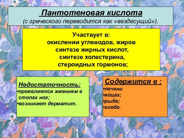 Пантотеновая кислота (с греческого переводится как «вездесущий»). Содержится в : печени яйцах;