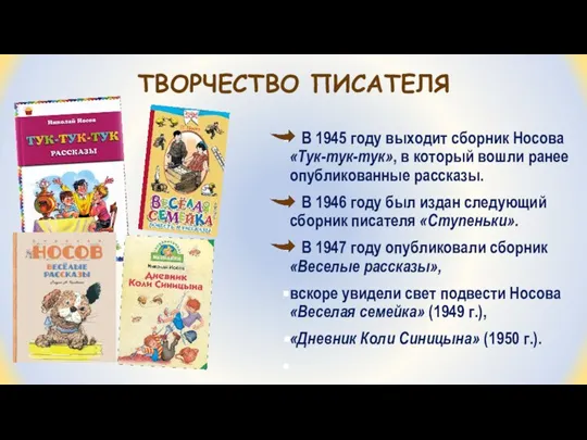 ТВОРЧЕСТВО ПИСАТЕЛЯ В 1945 году выходит сборник Носова «Тук-тук-тук», в который вошли