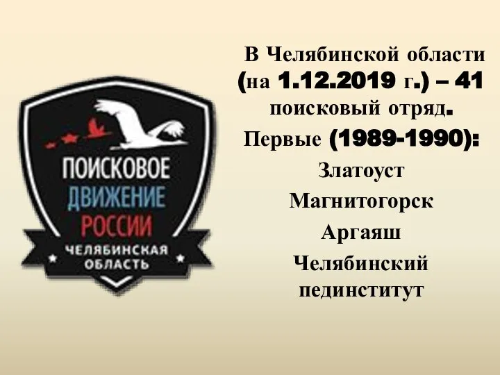 В Челябинской области (на 1.12.2019 г.) – 41 поисковый отряд. Первые (1989-1990):