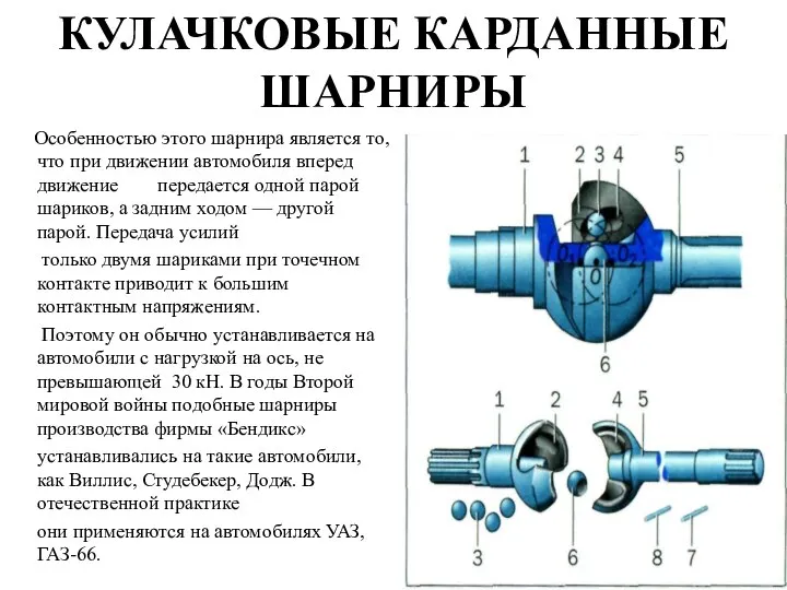 КУЛАЧКОВЫЕ КАРДАННЫЕ ШАРНИРЫ Особенностью этого шарнира является то, что при движении автомобиля