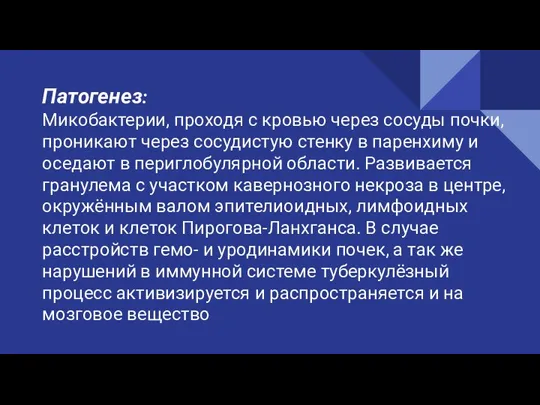 Патогенез: Микобактерии, проходя с кровью через сосуды почки, проникают через сосудистую стенку