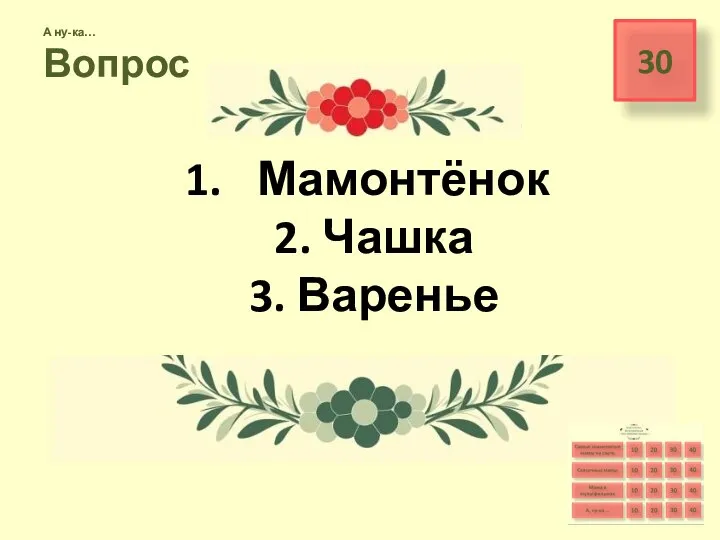 30 А ну-ка… Вопрос Мамонтёнок 2. Чашка 3. Варенье