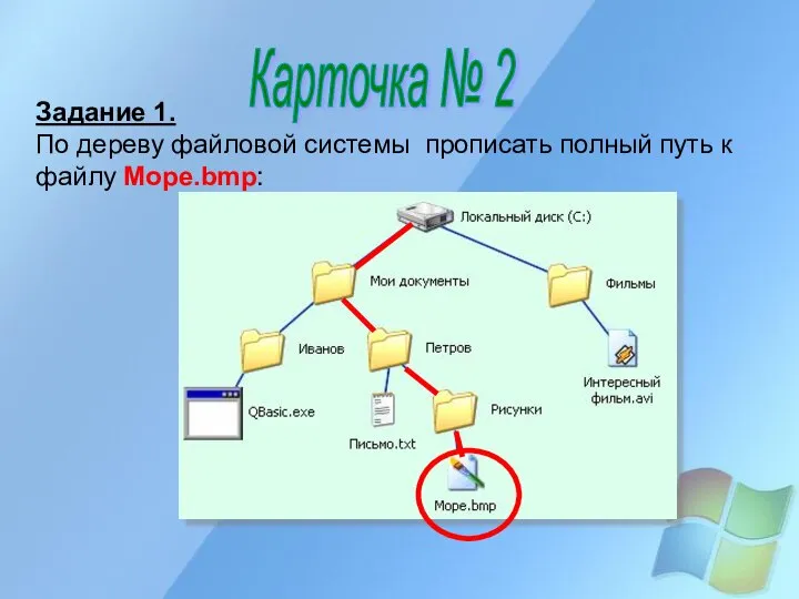 Карточка № 2 Задание 1. По дереву файловой системы прописать полный путь к файлу Море.bmp: