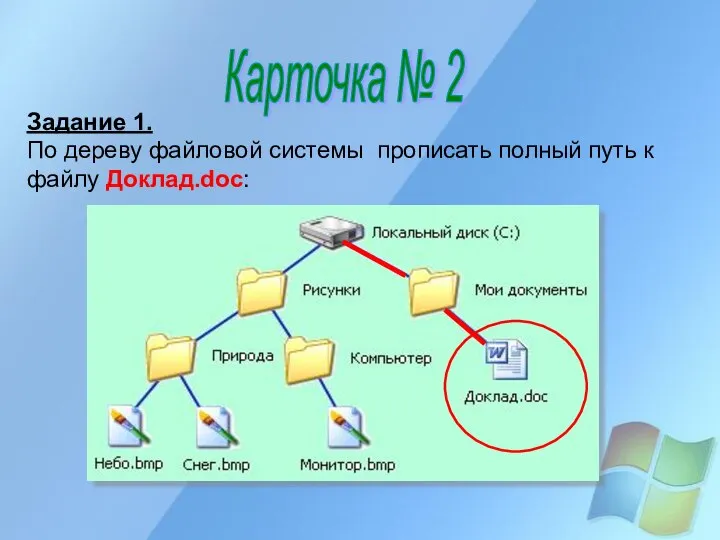 Задание 1. По дереву файловой системы прописать полный путь к файлу Доклад.doc: Карточка № 2