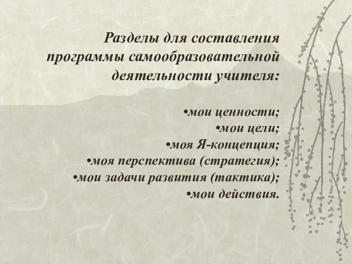 Разделы для составления программы самообразовательной деятельности учителя: мои ценности; мои цели; моя