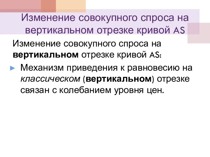 Изменение совокупного спроса на вертикальном отрезке кривой AS Изменение совокупного спроса на