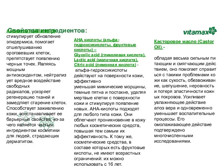 Свойства ингредиентов: АНА кислоты (альфа-гидроксикислоты, фруктовые кислоты) – Glycolic acid (гликолевая кислота),