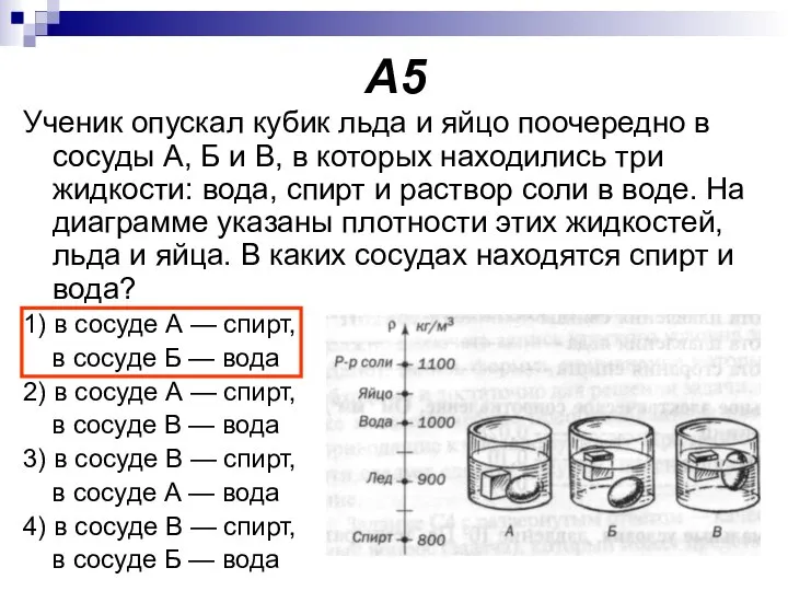 А5 Ученик опускал кубик льда и яйцо поочередно в сосуды А, Б