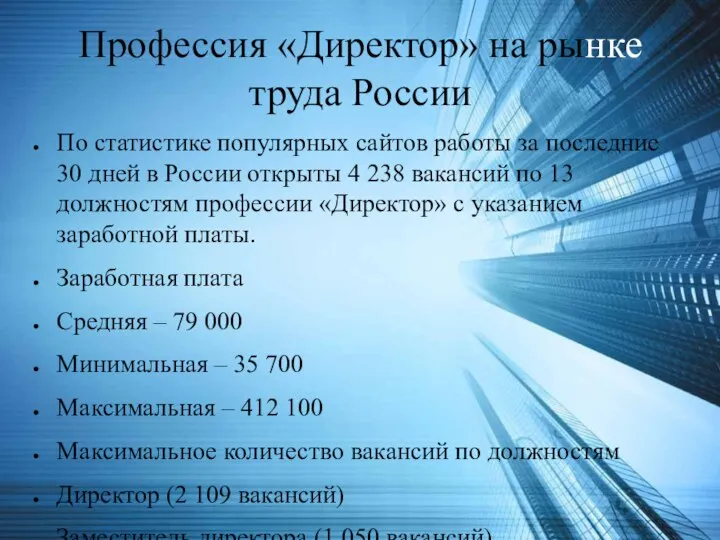 Профессия «Директор» на рынке труда России По статистике популярных сайтов работы за