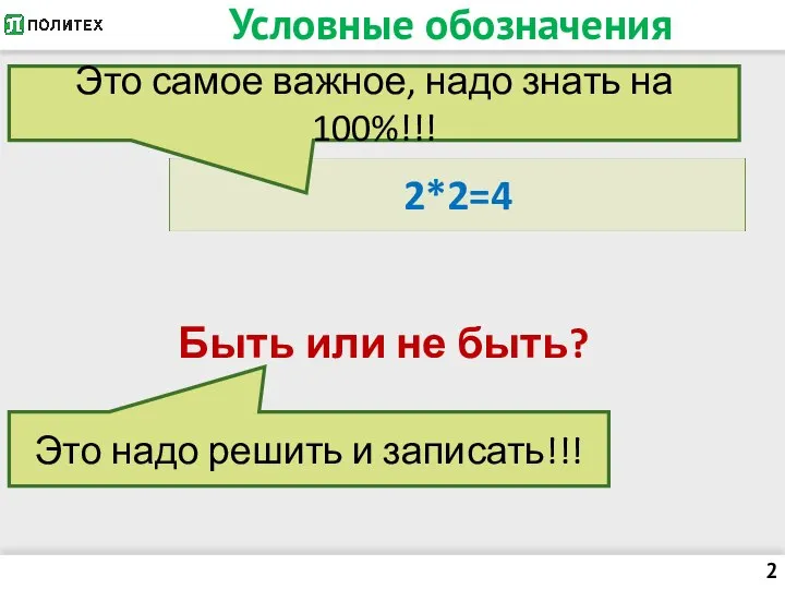 Условные обозначения 2*2=4 Быть или не быть? Это самое важное, надо знать