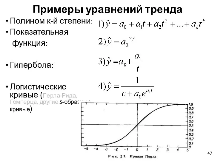 Примеры уравнений тренда Полином к-й степени: Показательная функция: Гипербола: Логистические кривые (Перла-Рида, Гомперца, другие S-образные кривые)