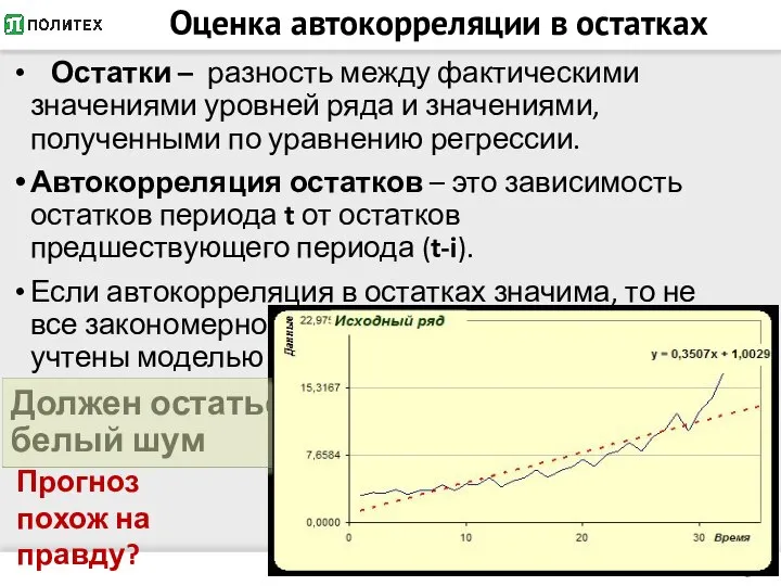 Оценка автокорреляции в остатках Остатки – разность между фактическими значениями уровней ряда