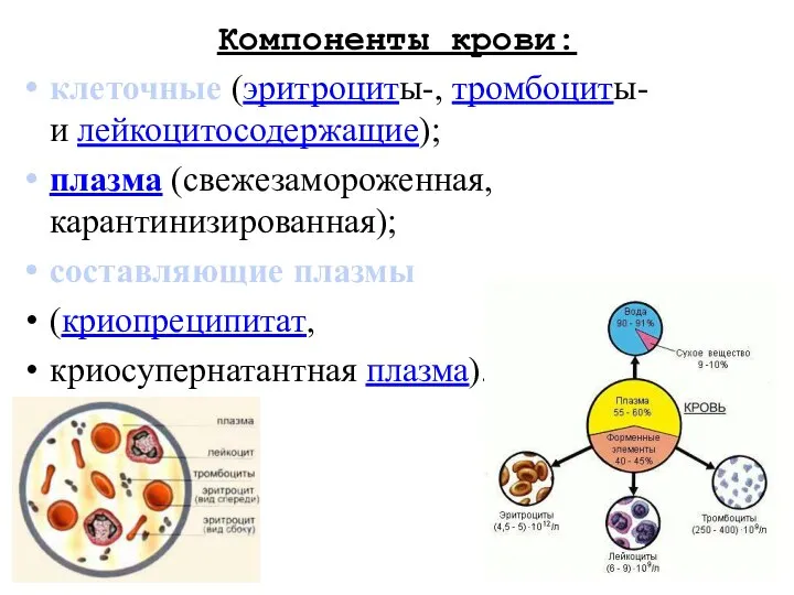 Компоненты крови: клеточные (эритроциты-, тромбоциты- и лейкоцитосодержащие); плазма (свежезамороженная, карантинизированная); составляющие плазмы (криопреципитат, криосупернатантная плазма).