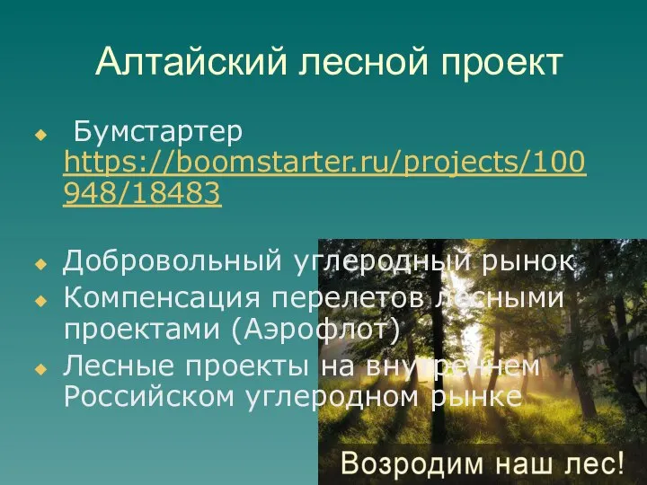 Алтайский лесной проект Бумстартер https://boomstarter.ru/projects/100948/18483 Добровольный углеродный рынок Компенсация перелетов лесными проектами
