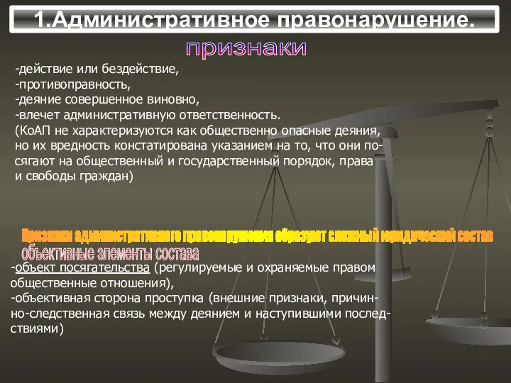 1.Административное правонарушение. признаки -действие или бездействие, -противоправность, -деяние совершенное виновно, -влечет административную