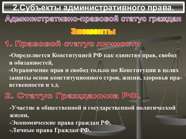 2.Субъекты административного права. Административно-правовой статус граждан Элементы 1. Правовой статус личности -Определяется