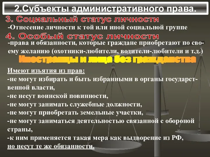 2.Субъекты административного права. 3. Социальный статус личности -Отнесение личности к той или