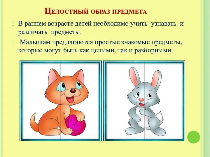 Целостный образ предмета В раннем возрасте детей необходимо учить узнавать и различать