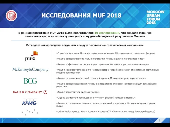 ИССЛЕДОВАНИЯ MUF 2018 В рамках подготовки MUF 2018 было подготовлено 10 исследований,